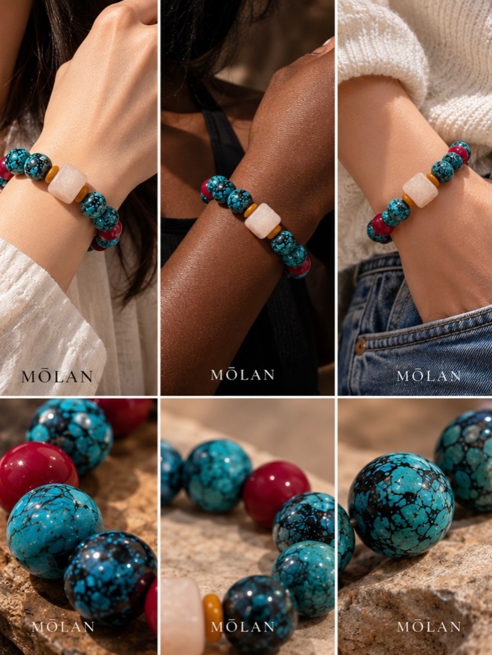 MŌLAN | Natural Turquoise & Two-Tone Bodhi Root Statement Bracelet | One of One - Picture 2 of 3